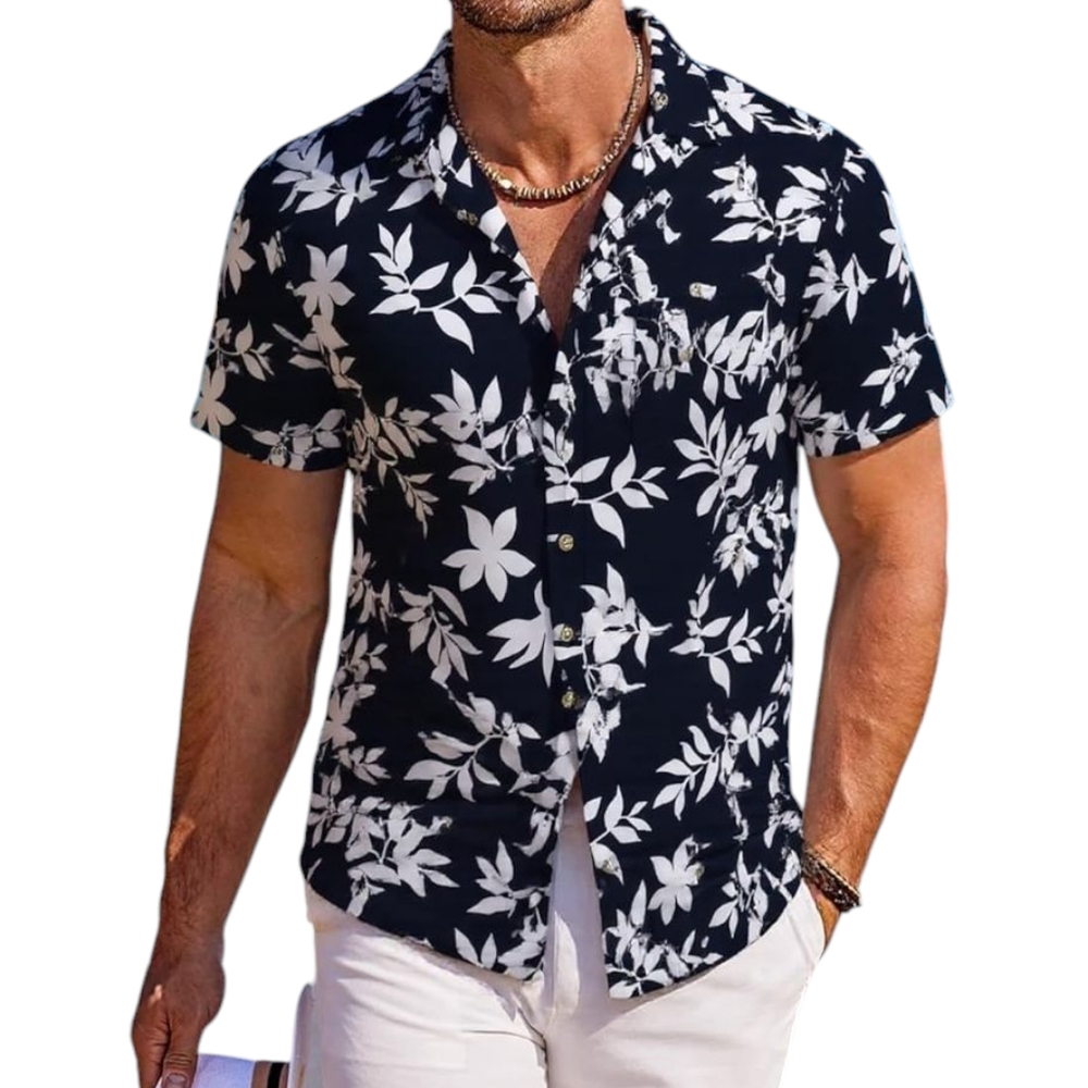🆕 Men's Black & White Hawaiian Floral Print Button Up Shirt